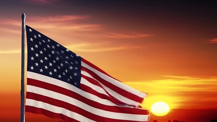 American Flag Waving Against a Vibrant Sunset Sky and Cityscape - Powered by Adobe