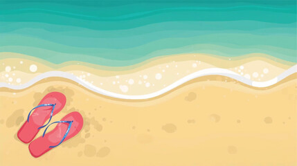 Obraz premium Summer beach scene with colorful flip flops on sandy shore, gentle waves, vector illustration for banners, cards, invitations, and sales. Ai Generate