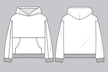 Oversized Hoodie with Pouch Pocket Mockup. Kangaroo Pocket Hoodie Technical Drawing. Front and Back Pullover Sweatshirt Sketch.  Casual Hooded Jumper Design Template.