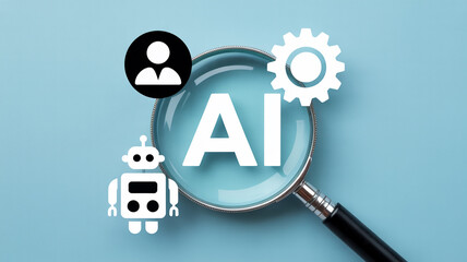 Understanding artificial intelligence ai concept with magnifying glass and icons on blue background