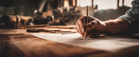 The Craftsman's Hand Sketching Wooden Furniture Plans on a Workbench in Warm Light