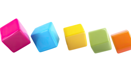 Vibrant, glossy, colorful cubes in a diagonal line against a transparent background
