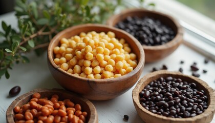 Fototapeta premium Multiple bowls of healthy beans and chickpeas indoors by window