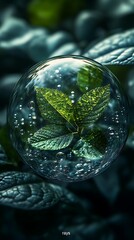 Glowing green leaves inside crystal sphere surrounded bubbles wallpaper