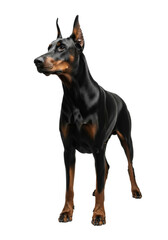 A majestic, muscular jet-black Doberman Pinscher with sleek coat, erect ears, and intense eyes, full-body on a transparent studio backdrop with copy space, concept of canine vigilance
