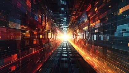 A dynamic digital tunnel, composed of glowing, colorful rectangular panels, leads toward a bright, central light source, creating a futuristic and technological atmosphere.