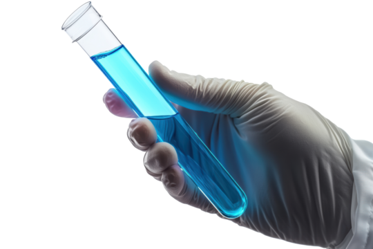 Blue chemical test tube in lab glove
 - Powered by Adobe