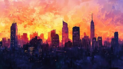 Fototapeta premium Dramatic cityscape at sunset with vibrant skyscrapers