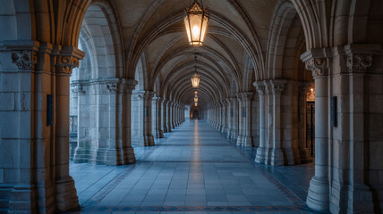 Architecture hallway with arches and lanterns long perspective view of interior design college university