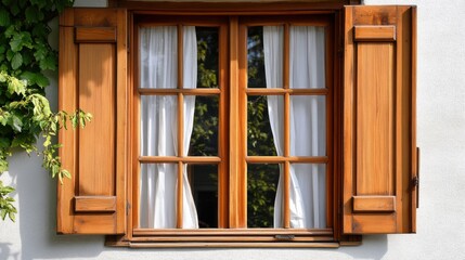 Serene window with wooden shutters and plants in daylight