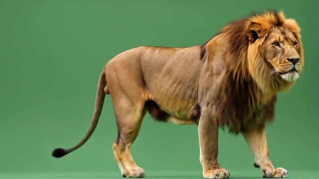 Lion strides boldly majestic mane