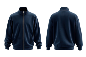Navy blue zip-up jacket, front and back views