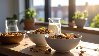 Healthy breakfast cereal bowls with milk