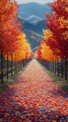 Golden red autumn forest pathway lined with colorful maple trees wallpaper