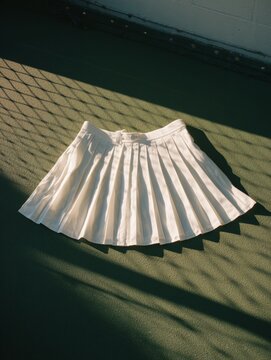 White pleated skirt sits on green surface with shadows The texture is prominent due to lighting