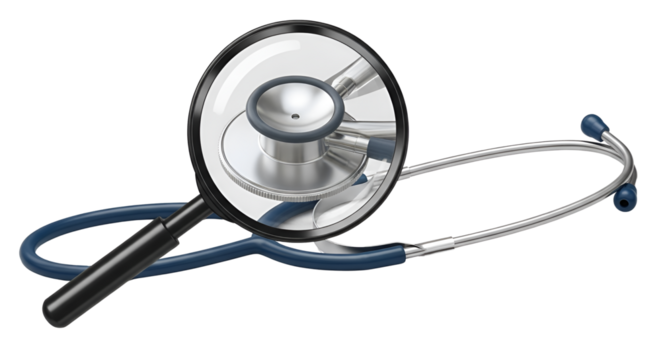 Stethoscope seen through a magnifying glass isolated PNG with Transparent Background