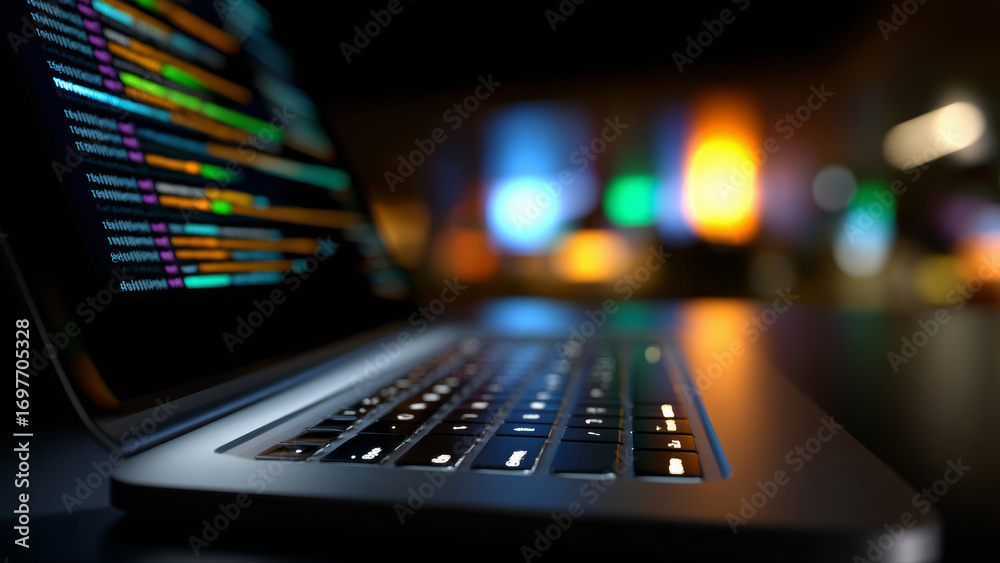 Wall mural coding bootcamp laptop keyboard illuminated in low light with colorful code on screen and blurred bo