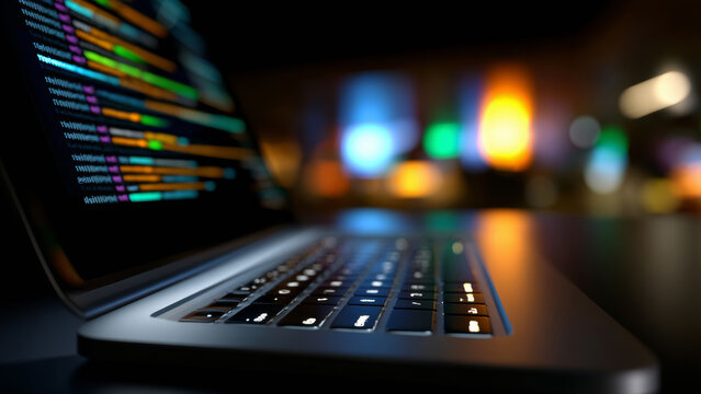 Coding bootcamp laptop keyboard illuminated in low light with colorful code on screen and blurred bokeh background evoking focus and creativity