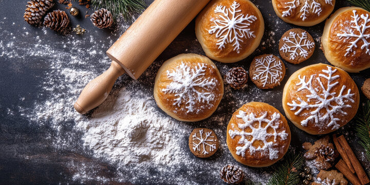 Flat lay composition of traditional Weckmann buns with raisins surrounded by flour, rolling pin, festive cookies, and cinnamon sticks, Martinstag holiday baking scene, copy space