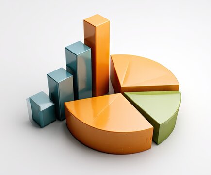 A three-dimensional illustration showcasing a bar graph and a pie chart, highlighting data representation in different formats.