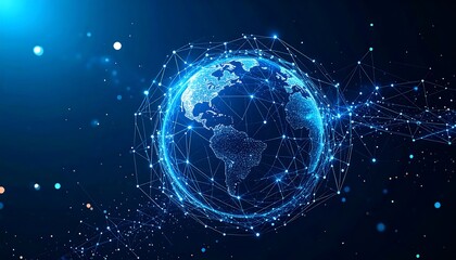 A glowing digital globe surrounded by a connected network of points, signifying global communication and data flow, set against a dark blue background