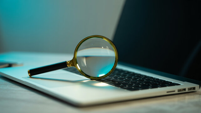 Laptop security audit and vulnerability assessment with magnifying glass for data privacy and protection