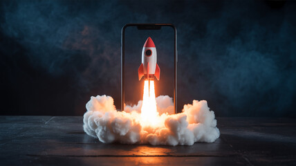 Rocket launch from phone screen concept for startup business and mobile app development success