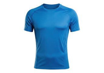 Vibrant electric blue high-performance t-shirt on ghost mannequin, synthetic fabric, mesh panels, ergonomic seams, white studio background, ample copy space, concept of athletic innovation
