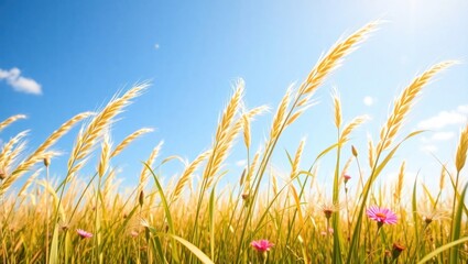 Obraz premium Golden wheat field under bright blue sky with pink flowers