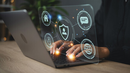 Cybersecurity data protection concept with laptop and security shield for network safety online access