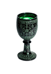 An ancient, dark obsidian goblet intricately etched with runic patterns, holding glowing emerald liquid on a transparent background with a long shadow and copy space, a mystical alchemy concept