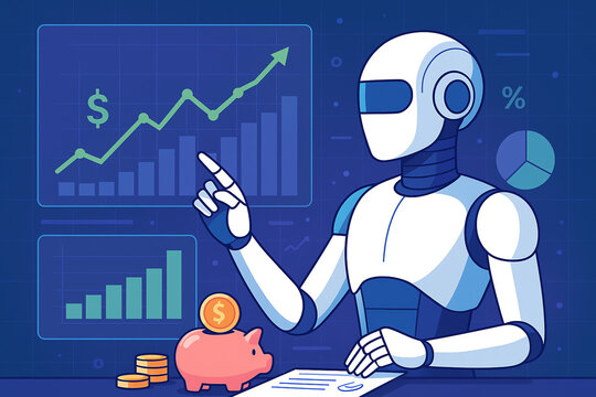 Futuristic robot advisor analyzing stock market data for financial growth and investment strategy. AI managing personal finance and automated savings