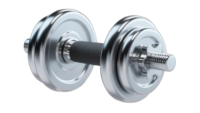 Shiny chrome dumbbell with a textured grip on a white background, perfect for fitness and weightlifting themes