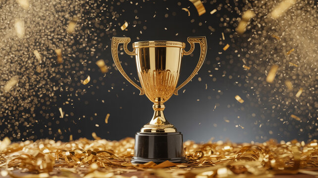 Golden trophy award with confetti background for winning achievement and success celebration event