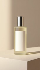 A light-filled, minimalist presentation of a clear glass bottle with a blank label, showcasing a soft, neutral color palette.