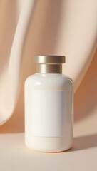 A minimalist cream bottle with a blank label sits on a muted beige surface, draped with soft folds of the same color.