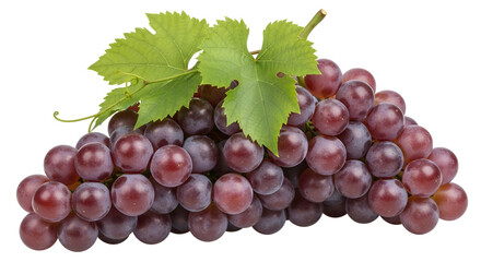 Fototapeta premium Bunch of fresh ripe red grapes with leaves isolated PNG with Transparent Background
