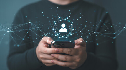 Person using mobile phone for social media network connection and digital communication technology