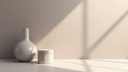 A minimalist still life arrangement featuring two elegant, empty, white containers, a rounded bottle and a jar, against a soft beige backdrop with natural sunlight casts.