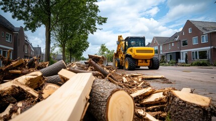 Fototapeta premium Construction Vehicle Clearing Cut Trees on Residential Street in Daylight
