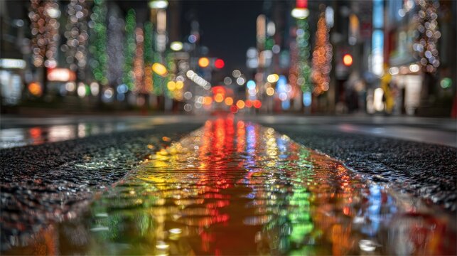 A puddle reflects the blurry city lights of a distant cityscape on a wet street at night, the lane marker dividing the frame into two blurred halves - Powered by Adobe