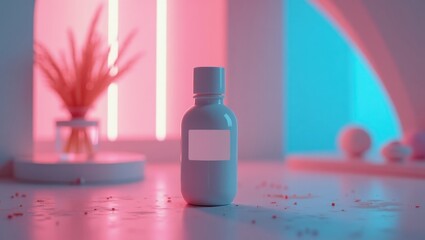 A stylish, blank bottle sits on a minimalist surface, bathed in vibrant neon lighting, showcasing a modern aesthetic.