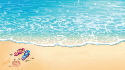 Summer beach scene with colorful flip flops on sandy shore, gentle waves, vector illustration for banners, cards, invitations, and sales. Ai Generate 