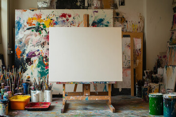 Creative painting studio with canvas easel and colorful art supplies prepared for lesson session, generative, ai
