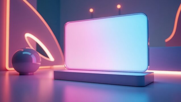 A glowing, rectangular display stands on a modern pedestal, bathed in vibrant pink and blue neon lights, creating a futuristic and dynamic scene.