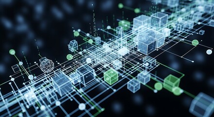 Abstract digital network with glowing cubes and lines