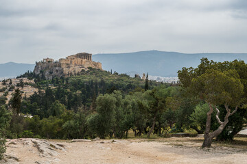 A view of the ancient Parthenon, Athens, Greece, perched upon the Acropolis Hill