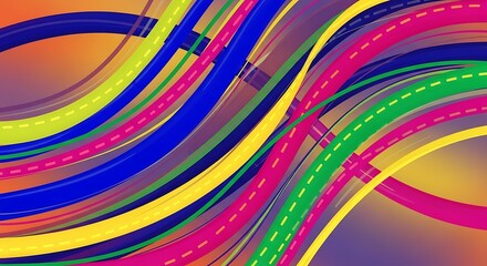 Abstract illustration of colorful wavy lines with dashed accents on a gradient background