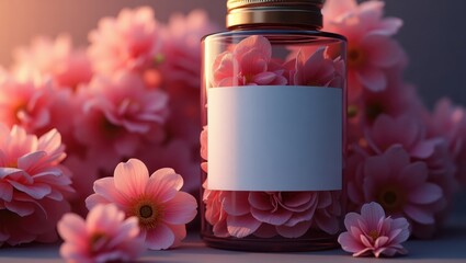 A glass jar filled with delicate pink flower petals, showcasing a blank label, sits amidst a cluster of vibrant pink blooms, bathed in soft, warm light.