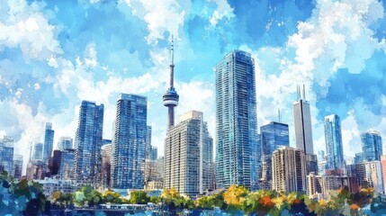 Bright cityscape with modern buildings and tower during daytime